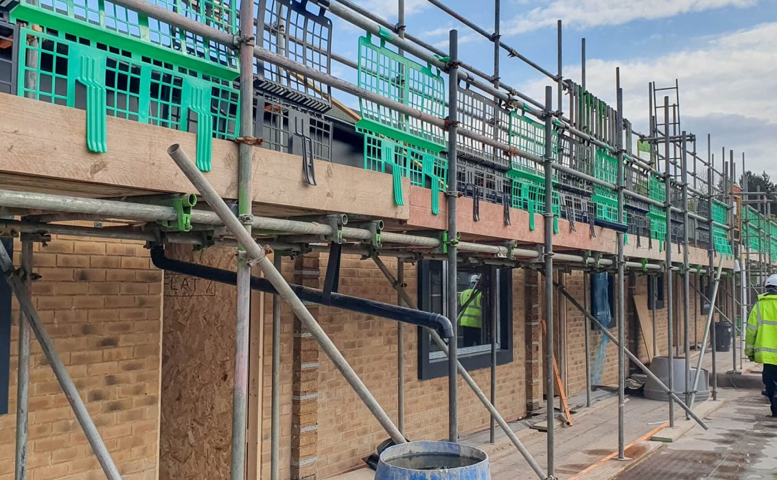 Scaffolding surrounding an exterior building at our Oakengates development in Telford.